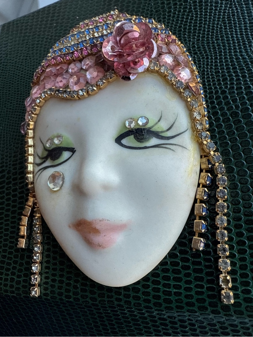Unique Vintage Signed GABY P 1986 Figural Porcelain Brooch with Rhinestones